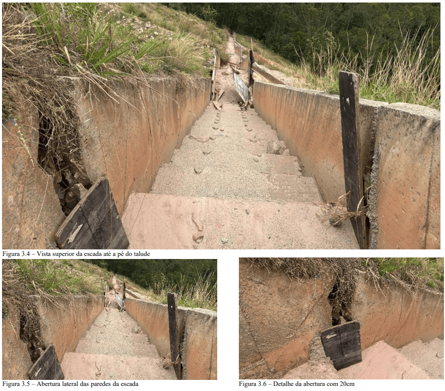 Escada hidráulica: vista superior, aberturas laterais e avarias em paredes.