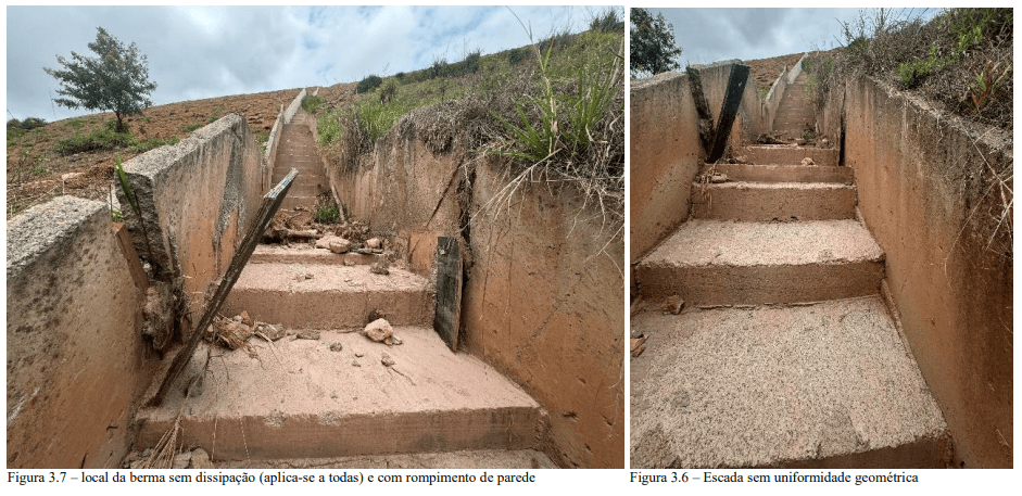 Escada hidráulica: rompimento/local sem dissipação e falta de uniformidade geométrica.