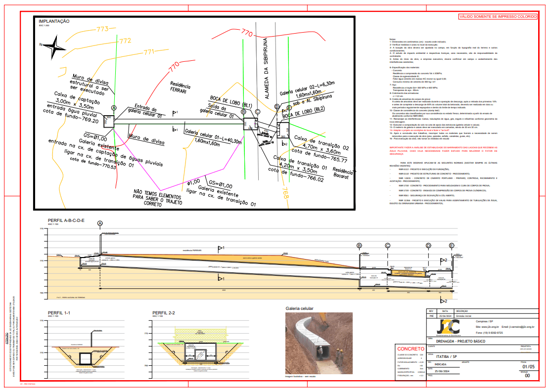 Prancha do projeto de drenagem com implantação do traçado, pontos de captação/transição e galerias, incluindo perfil longitudinal e seções típicas (sem expor dados sensíveis do local).